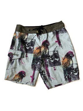 Analog Men's Size 30  Surf Board Shorts Swim Trunks Inseam 8" Parrots and Skulls
